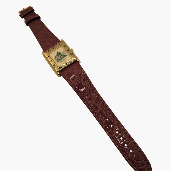 Jacques Farel Christmas Watch Gold Tone Roman Numerals Genuine Red Leather Strap - Picture 2 of 6